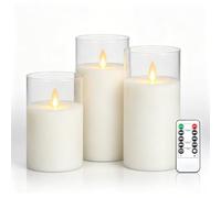 3 Pack Glass Ivory Paraffin Wax Flameless Candles, Realistic Moving Wick Flickering LED Pillar Candles with Remote Control, Battery Operated Soft Warm Lights for Home Wedding Indoor Outdoor Decor