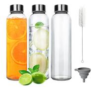 3 Pack Glass Juice Bottles 18 oz with Lids - Reusable Beverage Containers for Juicing, Kombucha, Smoothies - BPA Free Leak Proof Glass Water Bottles with Stainless Steel Caps, Funnel & Cleaning Brush