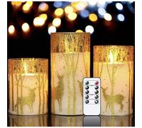 3-Pack Gold Elk Eldnacele Gray Glass Flameless Candles with Remote-Realistic Flicker, Timer (4/8h), Unscented