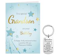 3 Pack Grandson Birthday Gifts Card Sets Include Grandson Birthday Card, White Envelope Keychain Inspirational Kids Date of Birth Cards for Him, Boys, Men from Grandad Grandma - 9 x 6 Inches