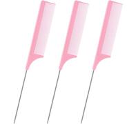 3 Pack Hair Rat Tail Combs Set, Parting Rattail, Teasing Fine Tooth Comb, Metal Hair Pick Detangling, Heat Resistant Carbon Fiber Teasing Comb, and Stainless Steel Pintail(Pink)