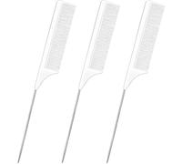 3 Pack Hair Rat Tail Combs Set, Parting Rattail, Teasing Fine Tooth Comb, Metal Hair Pick Detangling, Heat Resistant Carbon Fiber Teasing Comb, and Stainless Steel Pintail(White)