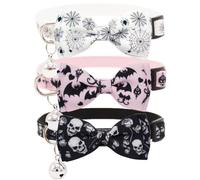 3 Pack Halloween Cat Collar with Detachable Bow Tie & Bell - Breakaway Adjustable Kitten Collars with Skull Gothic Bat Spider Web Pattern for Indoor Outdoor Cats (White, Pink, Black)