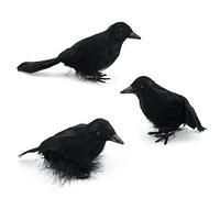 3 Pack Halloween Crows Artificial Feathered Crows Realistic Raven Birds Decorations Animal Ornament Spooky Black Feather Crow Bird for Halloween Party Prop Indoor Outdoor Home Garden Decoration Model