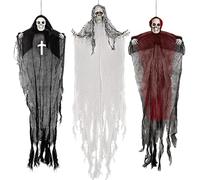 3 Pack Halloween Hanging Decorations Skeleton Ghosts, One 36” and Two 32” Halloween Grim Reapers, Flying Ghosts for Haunted House Prop Décor, Halloween Decorations Outdoor