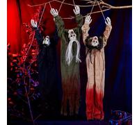 3 Pack Halloween Hanging Ghost Decorations, Long Hair Grim Reaper Props with Bloody Robes Flying Ghosts Scary Skeleton Decorations for Haunted House, Garden, Party & Outdoor Display