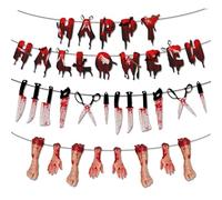 3-Pack Happy Halloween Party Decorations Bloody Banner, Creepy Themed Bloody Weapons Broken Hands Feet Hanging Props for Horror Party Decor for Zombie Vampire Haunted House Themes Indoor Spooky Decor