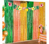 3 Pack Hawaiian Luau Party Decorations, Hawaiian Backdrop with Aloha Banner, Green Orange Gold Tinsel Fringe Luau Photo Booth Props for Hawaiian Tropical Birthday Party Decorations