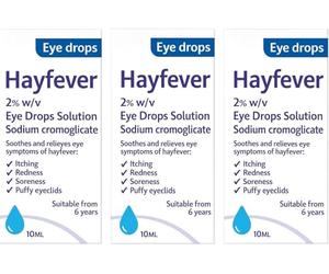 3 Pack Hayfever 2% w/v Eye Drops Allergy Itching Redness Watering Anti-Allergy Relief Fast-Acting Treatment for Hay Fever Symptoms with Sodium Cromoglicate 3 x 10 ml