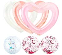 3 Pack Heart Pool Floats Inflatable Blow up Heart Shaped Swim Rings 43.3 x 43.3 Inch and 3 Pack 16 Inch Inflatable Glitter Beach Ball for Water Fun Beach Bachelorette Party for Adults (Color Set 2)