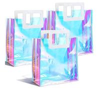 3 Pack Holographic Small Gift Bags with Handles, 8.27 × 7.87 × 3.94 Inches Reusable Party Birthday Gift Bags, Ombre Iridescent Transparent Gifts Wrap Bag for Women Girls