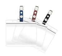 3 Pack ID Card Badge Holders with Detachable Leather Metal Badge Clips, Horizontal Waterproof Clear Extra Thick PVC Plastic Name Tags for Nurses Office School Students Teachers Work