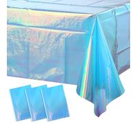 3 Pack Iridescent Blue Plastic Tablecloth, Shiny Blue Disposable Laser Rectangle Table Covers, Blue Holographic Foil Tablecloth Party Decorations for Birthday Bridal Wedding Christmas, 40 x 108 Inch