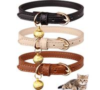3 Pack Leather Cat Collars with Bells Soft Pet Safety Collar Kitten Collars with Bell Black Chocolate Beige(S)
