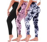 3 Pack Leggings for Women High Waisted No See-Through Tummy Control Soft Yoga Pants Womens Workout Athletic Running Leggings, Black/Purple Tiedye/Grey Tiedye, Large-X-Large