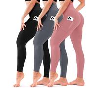 3 Pack Leggings for Women-No See-Through High Waisted Tummy Control Yoga Pants Workout Running Legging, 11-pocket-black/Grey/Pink, Large-X-Large