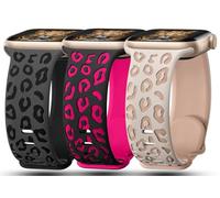 3 Pack Leopard Engraved Bands Compatible with Apple Watch Band 41mm 40mm 38mm Women, Soft Silicone Cheetah Embossed Sport Strap for iWatch Series 10 9 8 7 6 5 4 3 2 1 Ultra.DBK-BKH,SLM