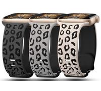 3 Pack Leopard Engraved Bands Compatible with Apple Watch Band 42mm 44mm 45mm 46mm 49mm Women, Soft Silicone Cheetah Embossed Sport Strap for iWatch Series 10 9 8 7 6 5 4 3 2 1 Ultra.DBK-GBK,SLB