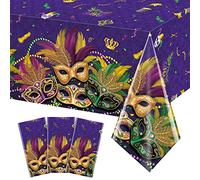 3 Pack Mardi Gras Tablecloths, Masquerade Dancing Table Decorations, Plastic Purple Table Cover Backdrop for Mardi Gras Carnival Party Supplies and Decors, 54 x 108 Inch