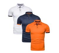 3 Pack Men Polo Shirts Short Sleeve Contrast Trim Tshirt Button Down Golf Tops Summer Casual Bodybuilding Tees Blouse Pullover Polo De Hombre(White+Navy+Orange, XXL)
