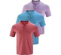 3 Pack: Mens Polo Shirts, Business Casual Golf Henley Work Shirts for Men, Collarless Short Sleeve Stylish Athletic Tshirts, Blue/Washed Red/Light Lavender, Medium