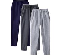 3 Pack Mens Straight Leg Sweat Pants with Pockets Baggy Men Plain Jogging Bottoms Joggers Fleece Gym Sports Trousers Open Hem Jog Pant Drawstring Sweatpants Loose Fit Work Navy