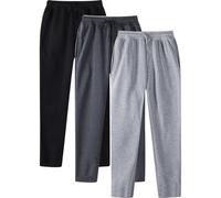 3 Pack Mens Straight Leg Sweat Pants with Pockets Baggy Men Plain Jogging Bottoms Joggers Fleece Gym Sports Trousers Open Hem Jog Pant Drawstring Sweatpants Loose Fit Work Black