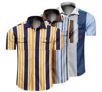 3 Pack Men's Striped Shirts Casual Short Sleeve Button Down Summer Hawaiian Shirts (UK, Alpha, L, Regular, Regular, #04)
