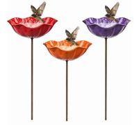 3 Pack Metal Flower Garden Stake Bird Bath, Outdoor Bee and Butterfly Watering Station, Rustproof Pollinator Water Feeder for Yard Patio Lawn Decor, Red Orange Purple