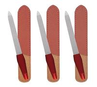 3 Pack Metal Nail File with Sharp Pointed Tip and Leather Sheath Case for Natural Nails, 5 Inches Fingernail Files Stainless Steel Manicure Double Sided Sapphire Grit Nail Filer Silver Brown