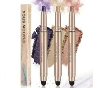 3-Pack Metallic Eyeshadow Stick Set with Cream Shimmer Shades - Waterproof Long-Lasting Formula with Built-In Applicator Brush for Professional Day to Night Eye Makeup Looks