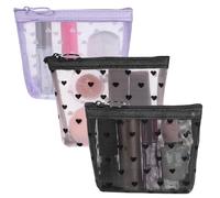 3 Pack Mini Heart Makeup Bag Set, Heart Print Zipper Mesh Storage Pouch Lipstick Cosmetic Organizer Bag with Zipper Closure, 3 Colors