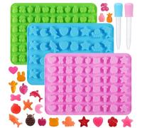3 Pack Mini Silicone Gummy Candy Chocolate molds Contains Marine Animal, fruits, Vegetables Small Hearts shapes and 2 droppers for making Gummy, candy, chocolate and small ice cubes.
