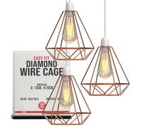 3 Pack Modern Rose Gold Geometric Pendant Light Shades, Diamond Metal Wire Cage Lampshades for Ceiling Lights, E27 Fitting, Industrial Hanging Lamp for Kitchen, Bedroom, Living Room