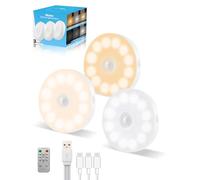 3 Pack Motion Sensor Lights Indoor, 16 LEDs Rechargeable Stair Lights with Romote Control, 3 Colors Led Night Lights with Magnetic Stick, Countdown, Infinite Dimming, for Stair, Closet, Corridors