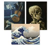 3 Pack of Posters: Vincent Van Gogh Skeleton + The Old Guitarist by Pablo Picasso + The Great Wave Off Kanagawa by Katsushika Hokusai - Set of 3 Fine Art Prints (LAMINATED, 18" x 24")