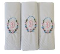 3 Pack Of Womens/Ladies Embroidered Initials Handkerchiefs With White Satin Border, D