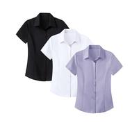 3 Pack Office Wear for Women UK, Ladies Work Shirts and Blouses Spring Summer Short Sleeve Breathable Casual Business Office Wear Formal Smart Oxford Dress Shirts Professional Job Interview Clothes