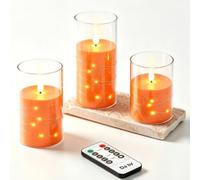 3 Pack Orange Flickering Flameless Candles, Black Wick LED Candles with Fairy Lights, Heat Resistant Reusable Plastic, Remote Control, 7.5cm D 10/12.5/15cm, Indoor Outdoor Wedding Party Festival Decor