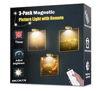 3-Pack Picture Light Battery Operated, Magnetic Led Lights with Remote, Dimmable and Timer Painting Light, Art Display Light for Picture Frame Artworking Portrait, Home Wall Decor Puck Lights, Gold
