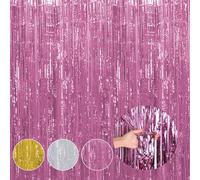 3 Pack Pink Tinsel Curtains, 3.2ft*8.2ft Foil Backdrop for Party Decorations, Girls Birthday, Wedding, Barbie Theme