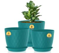3 Pack Plastic Plant Pots,20/18/15CM,Flower Pot Large Plant Pots Indoor Outdoor Plastic Plant Pot with Drainage Holes and Tray for House Plant Flower(Dark Green)