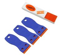 3 Pack Plastic Safety Scrapers with 100 Plastic Blades - Non-Scratch Adhesive Remover Tool Kit for Glass, Windows, Floors, Worktops & Ovens - Sticker, Paint, Label, Decal and Glue Cleaning