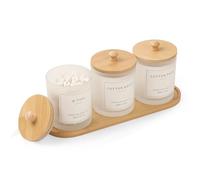 3 Pack Qtip Holder - Bathroom Organizers and Storage, Cotton Round Holder Cotton Swab Dispenser Cotton Ball Holder with Tray, Glass Apothecary Jars with Lids, Bathroom Containers for Floss Pick