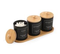 3 Pack Qtip Holder - Bathroom Organizers and Storage, Cotton Round Pad Dispenser Floss Pick Holder with Tray, Glass Apothecary Jars with Lids, Cotton Ball Container - Black