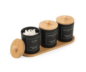 3 Pack Qtip Holder - Bathroom Organizers and Storage, Cotton Round Pad Dispenser Floss Pick Holder with Tray, Glass Apothecary Jars with Lids, Cotton Ball Container - Black