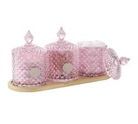 3 Pack Qtip Holder Dispenser with Tray and Tag, 10 oz Glass Apothecary Jars with Lid, Bathroom Canisters for Storage Organizer for Cotton Swabs, Balls, Pads, Floss Picks, Candy, Jewelry, Pink Crystal