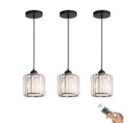 3 Pack Rechargeable Battery Operated Pendant Lights with Remote Control Modern Wireless Crystal Glass Hanging Lamps Ideal for Kitchen Island Dining Room Bedroom No Wiring Needed