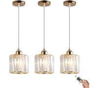3 Pack Rechargeable Battery Operated Pendant Lights with Remote Modern Crystal Glass Ceiling Hanging Lamps Wireless Gold Lighting for Kitchen Dining Room Bedroom