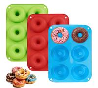 3 Pack Red,Blue,Green Silicone Donut Moulds,6 Cavity Non-Stick Doughnut